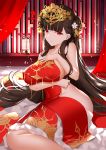 1girl absurdres azur_lane bangs bare_shoulders blunt_bangs breasts brown_hair china_dress chinese_clothes cleavage closed_mouth collarbone double_bun dress hair_ornament headpiece higandgk highres lantern large_breasts long_hair looking_at_viewer red_dress red_eyes sideboob smile solo thighs very_long_hair yat_sen_(azur_lane) 