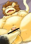  12beat13 2015 anthro balls belly blush censored erection eyes_closed felid genitals humanoid_hands humanoid_penis kemono lion male mammal moobs navel nipples overweight overweight_male pantherine penis sitting solo_focus tongue tongue_out 