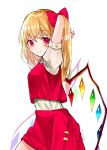  1girl arms_behind_head arms_up artist_name bangs blonde_hair blush bow buttons cowboy_shot eyebrows_visible_through_hair flandre_scarlet hair_bow hand_in_hair looking_at_viewer looking_to_the_side medium_hair miniskirt nail_polish one_side_up pointy_ears puffy_short_sleeves puffy_sleeves red_bow red_eyes red_nails red_skirt red_vest sakipsakip shiny shiny_hair shirt short_sleeves sidelocks simple_background sketch skirt skirt_set smile solo touhou twitter_username undershirt vest white_background white_shirt wings 