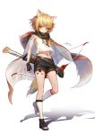  1girl absurdres animal_ear_fluff animal_ears anson_(13686564308) arknights arms_at_sides arrow bandaged_arm bandages bangs belt black_footwear black_gloves black_scarf black_shorts blonde_hair blush bow_(weapon) cape clenched_hands closed_mouth crystal fingerless_gloves full_body gloves hair_ornament hairclip highres holding holding_bow_(weapon) holding_weapon hood hood_down hooded_cape jewelry leg_wrap looking_away mechanical_arm navel necklace open_toe_shoes orange_eyes pendant quiver scarf shadow shirt shoes short_hair shorts simple_background solo standing standing_on_one_leg strapless tail tubetop upshorts v-shaped_eyebrows vermeil_(arknights) walking weapon white_background white_shirt 