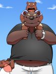  12beat13 2015 ambiguous_gender angry anthro belly blush bottomwear clothing cub debukemo eyes_closed father father_and_child group kemono male mammal navel overweight overweight_male pants parent parent_and_child shirt shorts sitting topwear ursid young 
