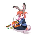  2016 candy canid canine canis clothed clothing cosplay disney domestic_dog eating fake_ears fake_rabbit_ears food fully_clothed fur halloween holidays husky jenny_(thelupinprincess) judy_hopps mammal nordic_sled_dog orange_body orange_fur simple_background sitting spitz thelupinprincess white_background zootopia 