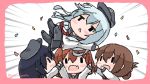  4girls akatsuki_(kantai_collection) anchor_symbol bangs black_eyes black_hair black_legwear blush brown_hair chibi confetti emphasis_lines fang flat_cap folded_ponytail hair_ornament hairclip hat hibiki_(kantai_collection) ikazuchi_(kantai_collection) inazuma_(kantai_collection) kantai_collection long_hair long_sleeves multiple_girls open_mouth pantyhose ponytail red_neckwear sailor_collar sattsu school_uniform serafuku short_hair silver_hair simple_background skin_fang skirt twitter_username white_background 