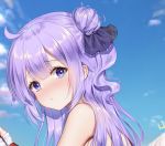  1girl ahoge azur_lane bangs bare_shoulders blue_sky commentary_request eyebrows_visible_through_hair face hair_bun haneru long_hair looking_at_viewer outdoors purple_eyes purple_hair ribbon sky solo tears unicorn_(azur_lane) 