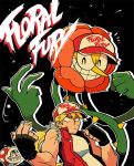  black_background black_gloves blonde_hair cagney_carnation clenched_hand copyright_name cuphead cuphead_(game) fatal_fury fingerless_gloves flower gloves grin hat highres male_focus mario_(series) piranha_plant pun rariatto_(ganguri) red_vest shirt simple_background sleeveless smile super_smash_bros. sweat teeth terry_bogard the_king_of_fighters vest 