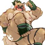  1:1 2020 anthro blush brown_body brown_fur butt canid canine canis clothing domestic_dog fur hi_res humanoid_hands male mammal monochrome_kg one_eye_closed overweight overweight_male scar simple_background solo tokyo_afterschool_summoners underwear video_games wink yasuyori 
