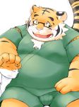  12beat13 2015 anthro blush bulge clothing cub debukemo duo eyes_closed eyewear felid glasses humanoid_hands kemono male mammal overweight overweight_male pantherine pink_nose robe simple_background sitting tiger young 