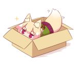  1girl animal_ear_fluff animal_ears blonde_hair box cardboard_box commentary eyebrows_visible_through_hair for_adoption fox_ears fox_girl fox_tail hair_ornament hair_stick in_box in_container kemomimi-chan_(naga_u) looking_at_viewer naga_u original purple_eyes simple_background solo tail tail_wagging white_background 