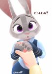  2020 ? anthro disembodied_hand disney duo first_person_view fur grey_body grey_fur hi_res japanese_text judy_hopps lagomorph leporid mammal open_mouth pink_nose purple_eyes rabbit simple_background takatmadisney text translated white_background zootopia 