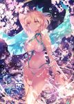  1girl ahoge bangs bikini blonde_hair blue_ribbon bracelet breasts cherry_blossoms cleavage closed_mouth collarbone fate/grand_order fate_(series) hand_behind_head haori highres japanese_clothes jewelry looking_to_the_side navel okita_souji_(fate)_(all) okita_souji_(swimsuit_assassin)_(fate) ribbon rioka_(southern_blue_sky) short_hair solo standing swimsuit wading water_drop white_bikini yellow_eyes 