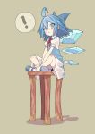  ! 1girl :o absurdres ahoge banana_takemura beige_background blue_dress blue_eyes blue_footwear blue_hair blue_wings blush cirno dress full_body hair_between_eyes highres ice ice_wings indian_style long_hair looking_at_viewer puffy_short_sleeves puffy_sleeves red_ribbon ribbon shoes short_dress short_sleeves simple_background sitting socks solo spoken_exclamation_mark stool touhou white_legwear wings 
