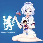  1girl :d american_flag bangs barefoot blue_background blue_eyes breasts character_doll chelsea_fc collared_shirt commentary_request doll doll_hug eyebrows_visible_through_hair flag full_body hat holding holding_flag large_breasts looking_at_viewer mini_hat no_panties open_mouth ponytail prinz_eugen1938 shield shirt short_hair sigsbee_(warship_girls_r) silver_hair sitting smile soccer_uniform solo_focus sportswear tilted_headwear wariza warship_girls_r white_hair white_shirt 