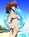  1girl bangs beach bikini blush brown_eyes brown_hair day earrings eyebrows_visible_through_hair flat_chest from_side hand_on_hip hat highres innertube jewelry kantai_collection namakura_neo open_mouth outdoors ryuujou_(kantai_collection) side-tie_bikini sky solo sunglasses swimsuit tree twintails visor_cap water 