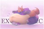  anthro belly big_belly big_butt butt canid canine clothed clothing english_text fox fur hi_res hoodie huge_butt male mammal midriff morbidly_obese navel obese obese_male overweight overweight_male pyrocynical saltypantz sitting solo squish teeth television text thick_thighs topwear underwear wide_hips 