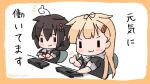  2girls :3 ahoge bangs blonde_hair blush braid brown_hair chair chibi crossed_arms expressive_hair hair_flaps hair_ornament hair_ribbon hairclip kantai_collection keyboard_(computer) long_hair multiple_girls red_neckwear remodel_(kantai_collection) ribbon sailor_collar sattsu scarf school_uniform serafuku shigure_(kantai_collection) simple_background single_braid sitting smile thumbs_up translation_request twitter_username white_scarf yuudachi_(kantai_collection) 