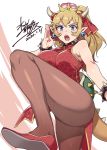  1girl :o alternate_costume bare_arms bare_shoulders blonde_hair blue_eyes bowsette bracelet brown_legwear china_dress chinese_clothes collar commentary_request crown dated dress earrings eyebrows_visible_through_hair hair_ribbon hand_up horns jewelry knee_up long_hair looking_at_viewer mario_(series) mizuryuu_kei new_super_mario_bros._u_deluxe pantyhose pointy_ears ponytail red_dress red_footwear red_ribbon ribbon shoes signature sleeveless sleeveless_dress solo spiked_armlet spiked_bracelet spiked_collar spiked_shell spiked_tail spikes super_crown tail thick_eyebrows thighs turtle_shell 