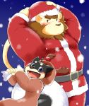  12beat13 2015 anthro blush canid canine canis christmas clothing domestic_dog duo felid hat headgear headwear holidays humanoid_hands kemono lion male mammal outside overweight overweight_male pantherine santa_claus snow 