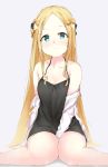  1girl abigail_williams_(fate/grand_order) bangs bare_shoulders between_legs black_bow blonde_hair bow collarbone commentary_request fate/grand_order fate_(series) green_eyes hair_bow hand_between_legs highres jacket kneeling long_hair looking_at_viewer off-shoulder_jacket orange_bow parted_bangs parusu_(ehyfhugj) polka_dot polka_dot_bow simple_background solo tagme very_long_hair white_background white_jacket 