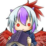  1girl avatar_icon blush book chamaji close-up commentary eyebrows_visible_through_hair feathered_wings feathers grey_hair hair_between_eyes horns long_sleeves looking_at_viewer lowres multicolored_hair open_book open_mouth purple_hair red_eyes red_hair short_hair signature simple_background solid_circle_eyes solo streaked_hair tokiko_(touhou) touhou turtleneck upper_body white_background wings 