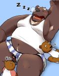  12beat13 2015 anthro armpit_hair belly body_hair brown_body brown_fur censored clothing cub eyes_closed fur genitals group kemono lying male mammal moobs navel overweight overweight_male penis shirt sleeping topwear underwear ursid young 