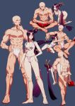  1boy 1girl ;q abs ass bald barefoot beard blue_eyes blue_legwear book breasts bulge cleavage earrings eyebrows_visible_through_hair facial_hair fate/grand_order fate_(series) fundoshi groin hand_on_hip highres japanese_clothes jewelry kneehighs long_hair musashibo_benkei_(fate/grand_order) navel one_eye_closed purple_hair rokkotsu side_ponytail simple_background sitting smile spread_legs tongue tongue_out ushiwakamaru_(fate/grand_order) very_long_hair 