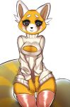  absurd_res aggressive_retsuko ailurid anthro blush breasts canid canine cleavage cleavage_cutout clothed clothing female fur hi_res keyhole_turtleneck legwear mammal mishkanovikova red_panda retsuko ringtail sanrio simple_background smile standing sweater thigh_gap thigh_highs topwear white_background 