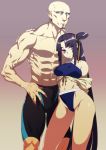  1boy 1girl abs arm_around_shoulder bald blue_eyes breasts contrapposto couple earrings eyebrows_visible_through_hair facial_hair fate/grand_order fate_(series) forehead goatee height_difference hetero highres hug jewelry long_hair male_swimwear medium_breasts musashibo_benkei_(fate/grand_order) muscle navel no_pupils off_shoulder one_side_up pectorals purple_hair rokkotsu side_bun side_ponytail solo swim_trunks swimwear ushiwakamaru_(fate/grand_order) veins very_long_hair 
