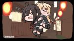  &gt;_&lt; 2girls =_= bangs black_legwear black_skirt blonde_hair blush braid brown_hair carrying chibi drunk flying_sweatdrops hair_between_eyes hair_flaps hair_ornament hair_ribbon hairclip kantai_collection lantern long_hair multiple_girls nose_blush open_mouth piggyback pleated_skirt red_neckwear remodel_(kantai_collection) ribbon sailor_collar sattsu scarf school_uniform serafuku shigure_(kantai_collection) single_braid skirt twitter_username white_scarf yuudachi_(kantai_collection) 