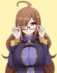  1girl adjusting_eyewear ahoge breasts brown_hair cross glasses hair_over_one_eye highres holding holding_eyewear huge_breasts kono_subarashii_sekai_ni_shukufuku_wo! large_breasts looking_at_viewer simple_background smile the_only_shoe wiz_(konosuba) yellow_eyes 