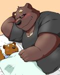  12beat13 2015 ambiguous_gender anthro blanked blush brown_body brown_fur clothing cub cute_fangs debukemo duo eyes_closed father father_and_child fur humanoid_hands kemono male mammal overweight overweight_male parent parent_and_child pillow shirt sleeping topwear ursid young 