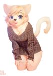  accessory anthro aruurara blep blonde_hair blue_eyes breasts cleavage clothed clothing domestic_cat felid feline felis female hair hair_accessory hairclip hi_res kemono leaning leaning_forward mammal simple_background sweater tongue tongue_out topwear white_background 