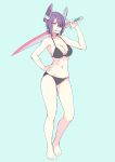  1girl alternate_costume bare_legs barefoot bikini black_bikini blue_background breasts cleavage eyepatch full_body grin groin hand_on_hip headgear highres holding holding_sword holding_weapon kantai_collection large_breasts left-handed navel orange_eyes purple_hair short_hair simple_background smile solo standing stomach swimsuit sword tenryuu_(kantai_collection) weapon yuuji_(and) 