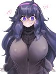  1girl @_@ absurdres al_bhed_eyes blush breasts diddms1999 hairband heart hex_maniac_(pokemon) highres huge_breasts messy_hair pokemon pokemon_(game) pokemon_xy purple_hairband ribbed_sweater simple_background solo sweater wavy_mouth white_background 