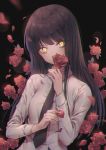  1girl bangs black_bow black_hair black_neckwear bow collared_shirt commentary covered_mouth eyebrows_visible_through_hair flower holding holding_flower long_hair long_sleeves looking_at_viewer necktie original ozzingo petals red_flower red_rose rose shirt slit_pupils solo symbol_commentary upper_body very_long_hair white_shirt yellow_eyes 