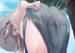  1girl ass ass_grab breasts brown_hair chung_cthemax collared_shirt commentary_request cowboy_shot day eyebrows_visible_through_hair from_behind girls_frontline green_eyes hair_rings hanging_breasts hat highres large_breasts leaning_forward long_hair m1903_springfield_(girls_frontline) outdoors palm_leaf palm_tree sarong see-through shirt sidelocks sleeves_rolled_up solo sun_hat thighs tree wet wet_clothes white_headwear white_shirt 