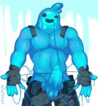  2019 5_fingers balls big_muscles blue_balls blue_body blue_penis blush bottomwear clothing epic_games erection fermrviper fingerless_gloves fingers fortnite genitals glistening glistening_body gloves goo_creature handwear hi_res humanoid humanoid_penis male muscular muscular_male navel nipples not_furry pants pecs penis rippley simple_background smile solo standing vein veiny_penis video_games 
