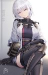  1girl absurdres arm_support bangs black_gloves boots breasts character_name dated elbow_gloves eyebrows_visible_through_hair girls_frontline gloves hair_ornament half-closed_eyes head_tilt highres jacket knee_up large_breasts looking_at_viewer partial_bodysuit pouch purple_eyes rpk-16_(girls_frontline) short_hair signature silver_hair sitting smile solo strap thigh_boots thighhighs uniform zhishi_ge_fangzhang 