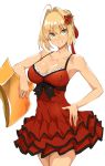  1girl ahoge bangs bare_shoulders blonde_hair blush braid breasts cleavage collarbone dress fate/grand_order fate_(series) flower french_braid green_eyes hair_bun hair_flower hair_intakes hair_ornament hair_ribbon hand_on_hip highres large_breasts long_hair looking_at_viewer nero_claudius_(fate)_(all) nero_claudius_(swimsuit_caster)_(fate) red_dress red_ribbon ribbon simple_background smile solo tokiwa_midori_(kyokutou_funamushi) white_background 