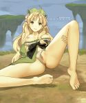  1girl arm_support artist_name atelier_(series) atelier_ayesha ayesha_altugle azto_dio barefoot blonde_hair blush brown_eyes censored dress dress_pull feet flower green_dress green_skirt hair_flower hair_ornament hat highres long_hair mosaic_censoring nipples open_mouth outdoors pussy skirt smile solo spread_legs thighs waist_bow 