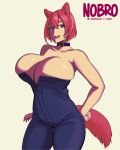  absurd_res animal_humanoid big_breasts blue_eyes breasts cat_humanoid cleavage clothed clothing collar felid felid_humanoid feline feline_humanoid female hair hi_res huge_breasts humanoid mammal mammal_humanoid nobro red_hair solo 