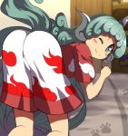  1girl ;) ass bangs blush_stickers commentary_request feet_out_of_frame green_eyes green_hair hand_up highres horn kariyushi_shirt komano_aun long_hair looking_at_viewer one_eye_closed paw_print red_shirt shirt shope short_sleeves shorts smile solo tail touhou very_long_hair white_shorts 