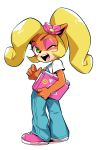  2019 accessory activision anthro blonde_hair clothing coco_bandicoot computer crash_bandicoot_(series) eyeshadow female flower flower_in_hair footwear green_eyes hair hair_accessory laptop long_hair makeup mammal marsupial one_eye_closed open_mouth open_smile plant ponytail simple_background smile solo sunoko24 teeth tongue video_games wink 