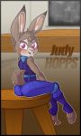  2016 anthro blush buckteeth clothed clothing disney fully_clothed fur furniture grey_body grey_fur head_tuft judy_hopps lagomorph leporid looking_at_viewer mammal purple_eyes rabbit scottytheman sitting smile solo stiting stool teeth tuft zootopia 