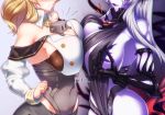  2girls armor batavia_hime black_skirt breast_press breasts character_request cleavage commentary_request covered_navel detached_sleeves dress gauntlets high_heels houston_(kantai_collection) kantai_collection large_breasts light_brown_hair long_hair mochitsu_jou multiple_girls open_mouth pale_skin shinkaisei-kan sidelocks skirt smile thighs very_long_hair white_hair 