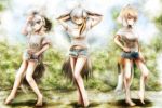  3girls aardwolf_(kemono_friends) aardwolf_ears aardwolf_tail animal_ears arm_at_side arm_up arms_behind_head arms_up bangs bare_arms bare_legs barefoot bird_tail black_hair blonde_hair casual closed_mouth contemporary cutoffs day denim denim_shorts extra_ears fox_ears fox_tail green_eyes grey_eyes grey_hair hair_between_eyes half-closed_eyes hand_in_pocket hand_on_hip high_ponytail kemono_friends light_brown_hair long_hair looking_at_viewer midriff_peek multicolored_hair multiple_girls outdoors pocket ponytail pose shirt shoebill_(kemono_friends) short_hair short_shorts short_sleeves shorts sidelocks smile stealstitaniums stomach tail tibetan_sand_fox_(kemono_friends) two-tone_hair white_hair white_shirt 
