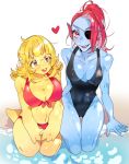  &lt;3 2016 5_fingers alphys animal_humanoid anthro athletic bangs bare_shoulders big_breasts big_hands bikini black_clothing black_swimwear blonde_hair blue_body blue_skin breasts brown_eyes buckteeth butt_from_the_front cleavage clothed clothing collarbone duo ear_fins ear_frill eye_patch eyelashes eyewear female fin fingers fish fish_humanoid freckles frill_(anatomy) front_view glasses hair high-angle_view humanoid lizard long_hair looking_at_viewer marine marine_humanoid membrane_(anatomy) midriff navel non-mammal_breasts one-piece_swimsuit open_mouth open_smile partially_submerged ponytail ppotatto red_clothing red_eyes red_hair red_swimwear reptile scalie sharp_teeth short_tail simple_background sitting smile swimwear teeth thick_tail thick_thighs thigh_gap undertale undyne video_games water webbed_hands white_background yellow_body yellow_skin 