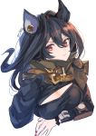  1girl animal_ears black_hair breasts cleavage cleavage_cutout cloak erune granblue_fantasy highres ilsa_(granblue_fantasy) long_hair red_eyes twitter_username umou_(user_xxhp7583) 