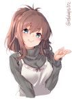  1girl alternate_costume blue_eyes blush brown_hair cropped_torso ebifurya eyebrows_visible_through_hair grey_sweater highres kantai_collection long_hair long_sleeves saratoga_(kantai_collection) side_ponytail simple_background smile solo sweater twitter_username white_background 