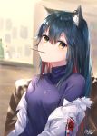  1girl animal_ear_fluff animal_ears arknights bangs black_hair blurry blurry_background blush bottle breasts closed_mouth commentary_request cup depth_of_field drinking_glass ear_piercing eyebrows_visible_through_hair food food_in_mouth hair_between_eyes highres jacket long_hair looking_at_viewer multicolored_hair off_shoulder omelet_tomato open_clothes open_jacket piercing pocky purple_shirt red_hair shirt signature sitting small_breasts solo streaked_hair texas_(arknights) upper_body white_jacket wine_glass yellow_eyes 