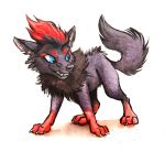  ambiguous_gender black_body black_fur blue_eyes cheek_tuft facial_tuft feral fur grin head_tuft hi_res kenket leg_markings markings nintendo pok&eacute;mon pok&eacute;mon_(species) red_body red_fur simple_background smile socks_(marking) solo teeth tuft video_games white_background zorua 